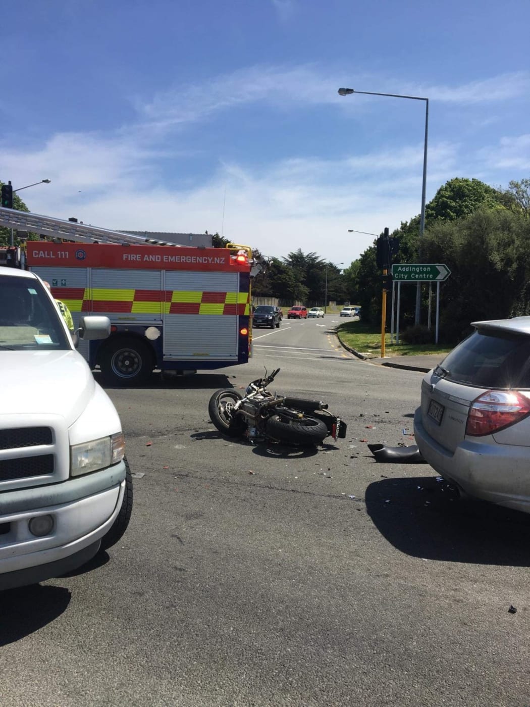 A motorcycle and car crash has left one person injured, in Hoon Hay, Christchurch.