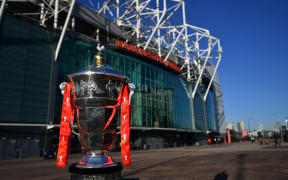 The Rugby League World Cup Trophy pictured outside Old Trafford Manchester the home of Manchester United Football Club. The Theatre of Dreams will host the final of the Rugby League World Cup in 2021