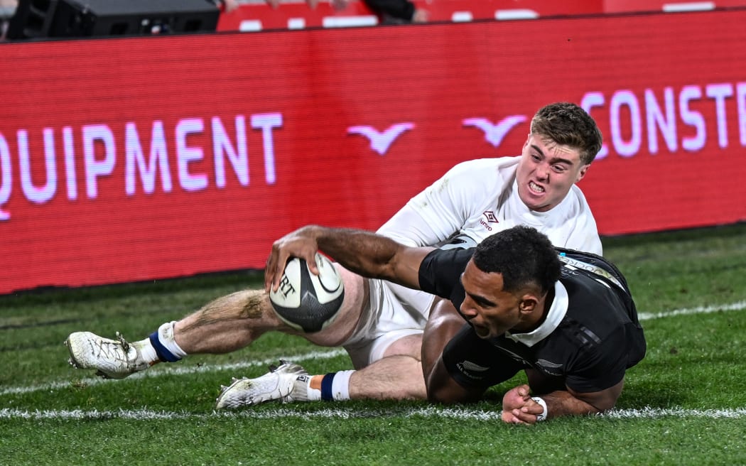 Sevu Reece scores for the All Blacks against England at Forsyth Barr Stadium, Dunedin on July 6, 2024.