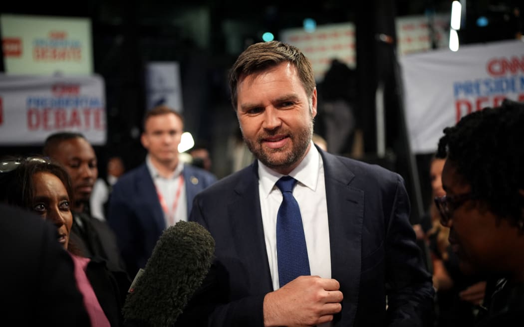 ATLANTA, GEORGIA - JUNE 27: U.S. Sen. JD Vance (R-OH) speaks to reporters in the spin room following the CNN Presidential Debate between U.S. President Joe Biden and Republican presidential candidate, former U.S. President Donald Trump at the McCamish Pavilion on the Georgia Institute of Technology campus on June 27, 2024 in Atlanta, Georgia. President Biden and former President Trump are faced off in the first presidential debate of the 2024 campaign.   Andrew Harnik/Getty Images/AFP (Photo by Andrew Harnik / GETTY IMAGES NORTH AMERICA / Getty Images via AFP)