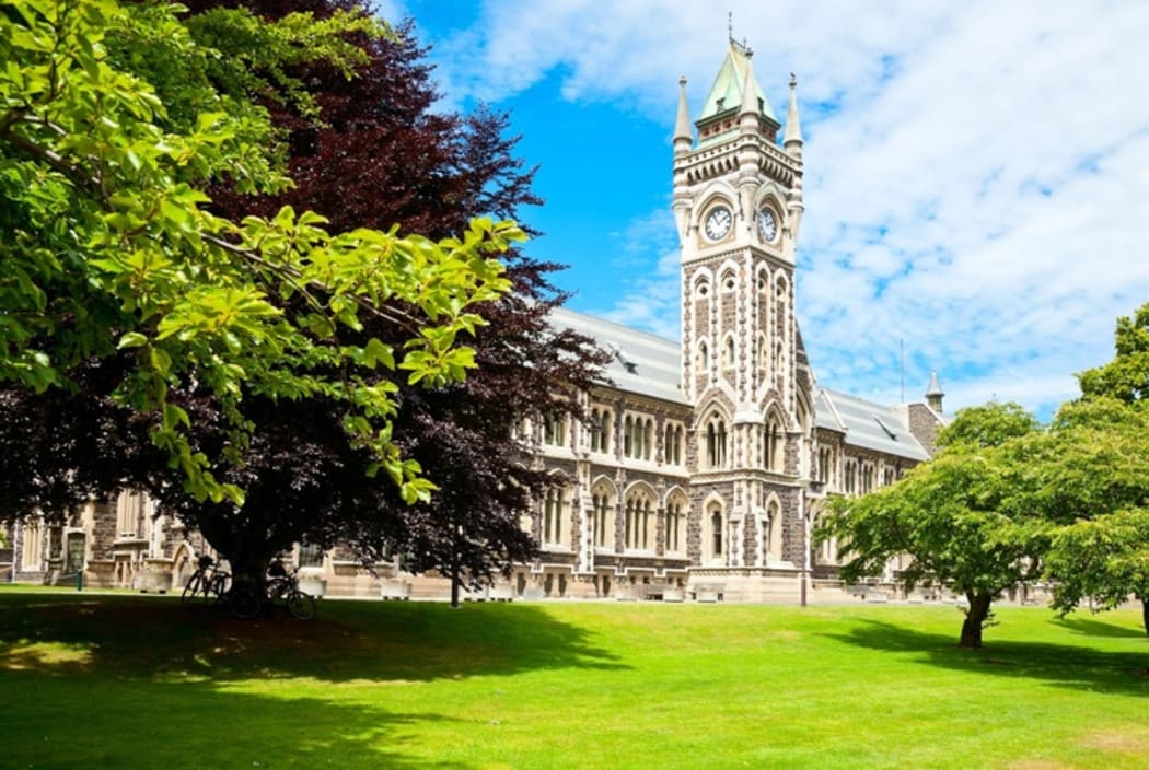 Clocktower of University of Otago Registry Building in Dunedin, New Zealand.
