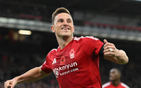 Chris Wood of Nottingham Forest celebrates after scoring a goal to make it 1-0 during the Premier League match between Nottingham Forest and West Ham United at the City Ground in Nottingham, England, on November 2, 2024. (Photo by MI News/NurPhoto) (Photo by MI News / NurPhoto / NurPhoto via AFP)