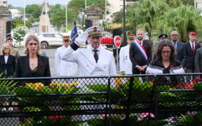 Australian and New Zealand Consul Generals Annelise Young [left] and Mary Thurston [right] with New Caledonia officials at ANZAC Day dawn service in Nouméa – 25 April 2025