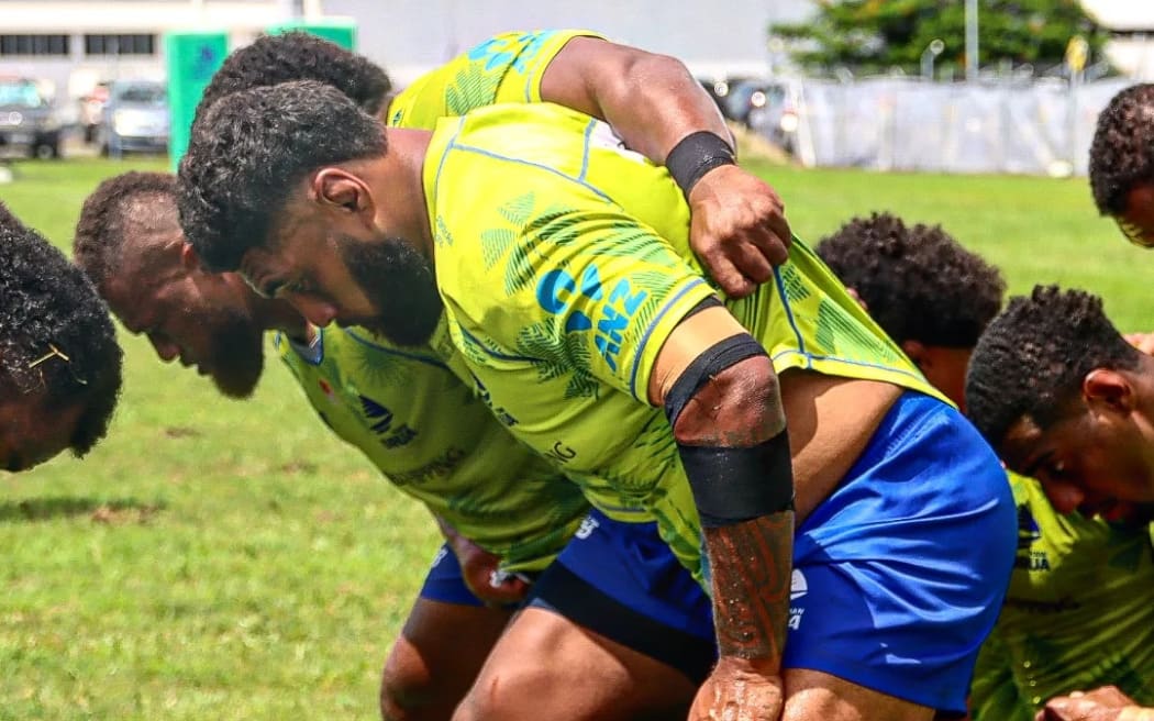 Haereiti Hetet, closest to the camera, packs down for the Fijian Drua as he makes his return to Super Rugby this weekend against Moana Pasifika.