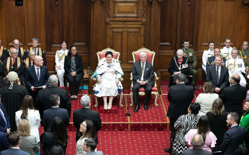 Governor-General Dame Cindy Kiro about to deliver the Speech from the Throne at the State Opening of the 54th Parliament. Government MPs are seated on the left, while Opposition MPs are on the right.