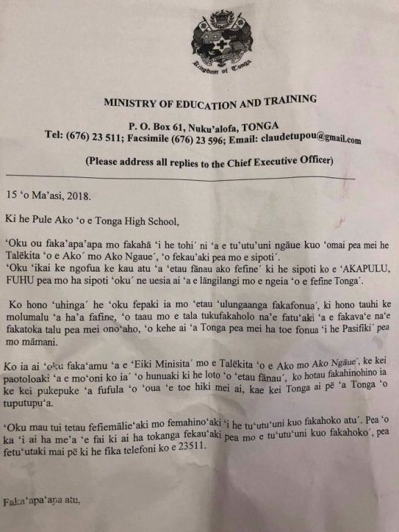 The letter from the Tongan government