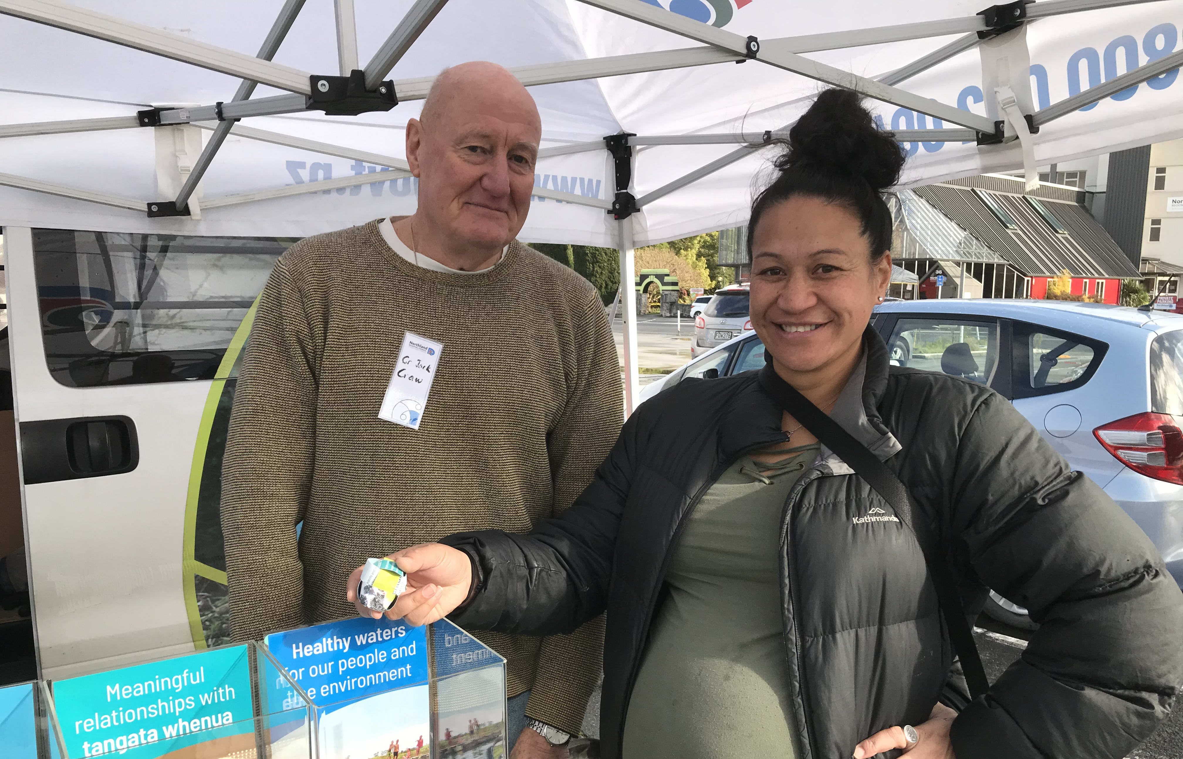 Whangarei’s Trish Matthews says looking after water’s definitely the most important thing for Northland Regional Council (NRC) to do in the next decade. She's seen here with NRC councillor Jack Craw at Whangarei growers market this weekend.