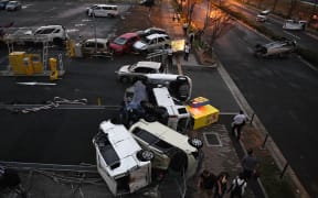 Vehicles are over-turned by strong wind due to the typhoon Jebi is pictured  in Osaka on Sep.4, 2018. Powerful typhoon made a landfall on Tokushima Prefecture in noon and expected to proceed to the Sea of Japan.