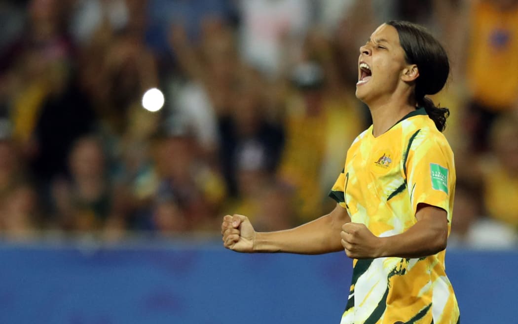 Australia's forward Samantha Kerr celebrates a goal that was later disallowed for offside during the France 2019 Women's World Cup round of sixteen football match between Norway and Australia, on June 22, 2019, at the Stade de Nice stadium in Nice, southern eastern France. (Photo by Valery HACHE / AFP)