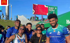 Isoa Nasilasila with fans after the Fijian Drua defeated the Reds in Suva on Saturday. Photo: Fijian Drua