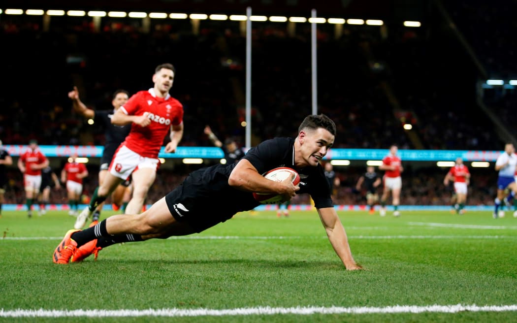 Will Jordan scores a try.
New Zealand All Blacks v Wales. Northern Tour. Rugby Union. Principality Stadium, Wales, UK. Saturday 30 October 2021. Â© Mandatory photo credit: Matt Impey/ www.Photosport.nz