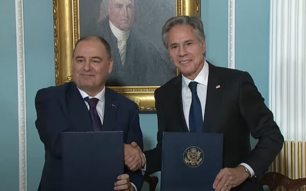 Secretary of State Antony J. Blinken participates in a joint statement signing ceremony with Cook Islands Prime Minister Mark Brown at the Department of State, on September 25, 2023.