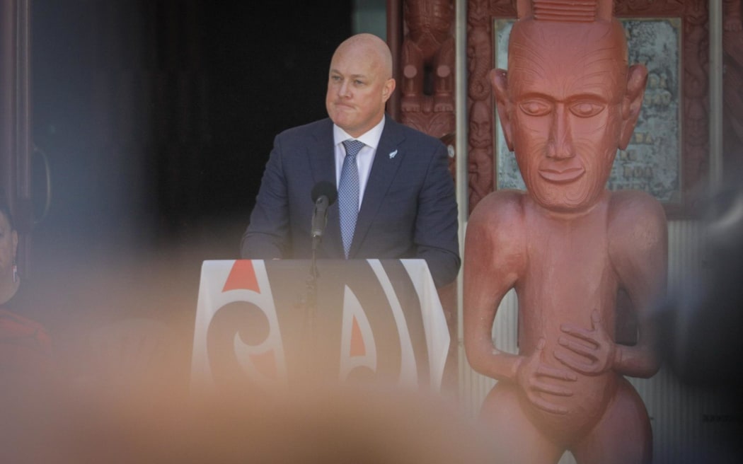 Prime Minister Christopher Luxon speaks to the crowd at Waitangi on 5 February.