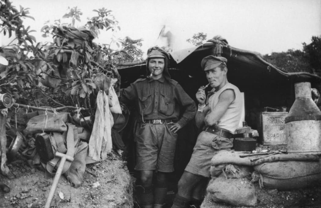 Two ANZAC soldiers in a dug-out on Canterbury Slopes, Gallipoli, Turkey. The men are Lance Corporals D M Watson and G Davison.