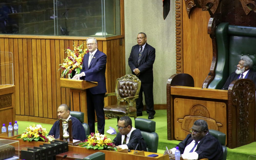 Australia's Prime Minister Anthony Albanese addresses the Papua New Guinea Parliament in Port Moresby on January 12, 2023.
