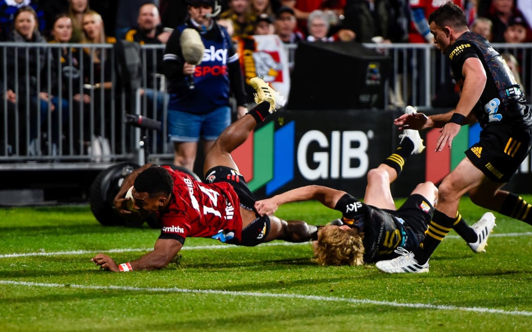 Sevu Reece of the Crusaders scores a try in the tackle of  Damian McKenzie of the Chiefs during the Super Rugby Aotearoa Final, Crusaders V Chiefs, at Orangetheory Stadium, Christchurch, New Zealand, 8th May 2021. Copyright photo: John Davidson / www.photosport.nz