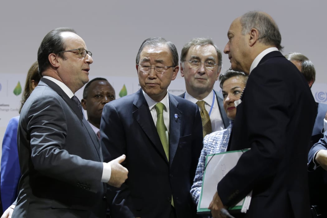 Left to right: French president Francois Hollande, UN secretary-general Ban Ki-moon, UNCCC executive secretary Christiana Figueres and French foreign affairs minister Laurent Fabius
