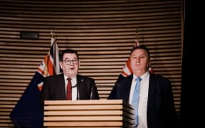 Infrastructure Minister Shane Jones and Minister of Finance Grant Robertson revealing the details on the $3 billion infrastructure spend on 1 July, 2020.