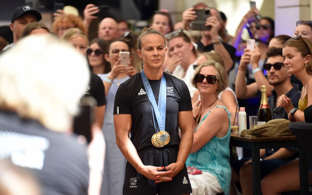 Lisa Carrington during the Welcome to NZ Canoe Sprint at the NZ Olympics House after their tremendous campaign at the Paris Olympics at NZ Olympic House in Paris, France.