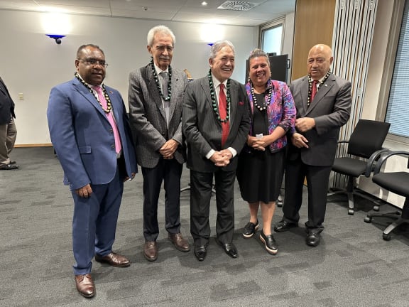 Foreign Minister Winston Peters, middle, launched the new RNZ's Pacific Shortwave Transmitter on 1 August 2024 in Wellington. In attendance were the High Commissioners or Consular representatives from Kiribati, Cook Islands, Samoa, Fiji, PNG and Solomon Islands. The service provides news and critical safety information across the Pacific service reaching 19 countries and nearly 2 million listeners.