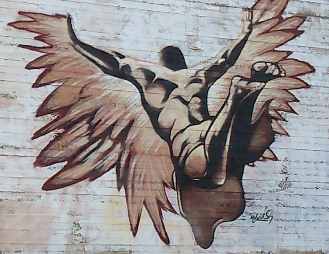 Icarus depicted in graffiti outside the village of Evdilos in Icaria