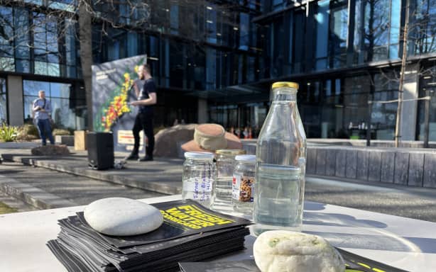 Protesters outside the Canterbury Regional Council offices demand action on nitrate levels.