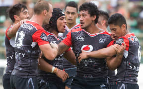 Warrior’s celebrate James Gavet's try.