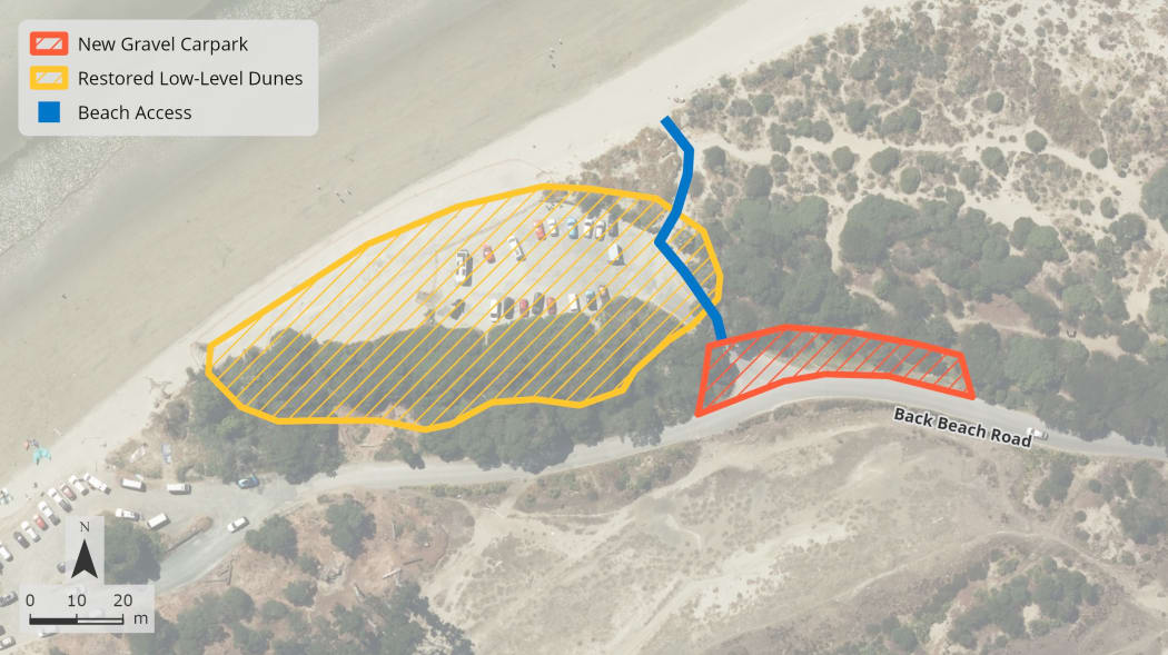 The areas that will be affected by the removal of contaminated sawdust from Tāhunanui’s Back Beach, which is set to begin in September.