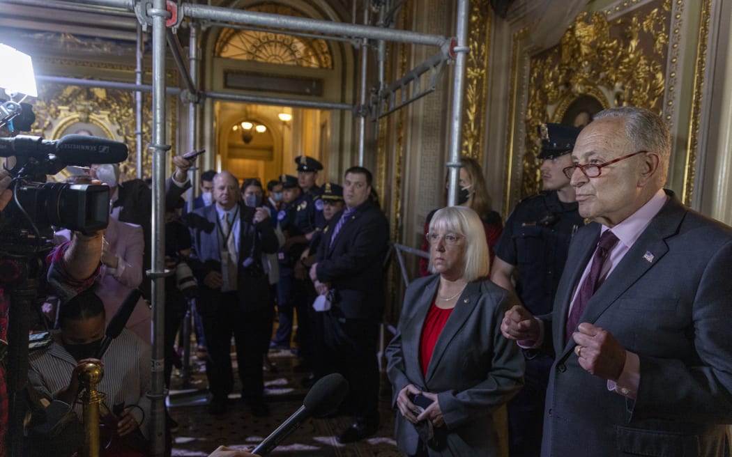 WASHINGTON, DC - MAY 11: U.S. Senate Majority Leader Charles Schumer (D-NY), joined by Sen. Patty Murray (D-WA), speaks to reporters outside of the Senate Chambers at the U.S. Capitol on May 11, 2022 in Washington on May 11, 2022 in Washington, DC. The Democrats failed to advance a bill that would codify abortion rights at the federal level.   Tasos Katopodis/Getty Images/AFP (Photo by TASOS KATOPODIS / GETTY IMAGES NORTH AMERICA / Getty Images via AFP)