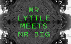 Promotional image for the 'Mr Lyttle Meets Mr Big' podcast. A moody black and white landscape is mirrored vertically and horizontally, creating a rorschach like effect with the name of the podcast in a vibrant green overlaid.