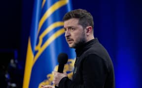 Ukraine's President Volodymyr Zelensky speaks during a joint press conference on the sidelines of the "Ukraine. Year 2025" forum in Kyiv on February 23, 2025, amid the Russian invasion of Ukraine.