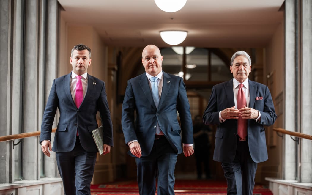 Deputy Prime Minister Winston Peters, Prime Minister Christopher Luxon and ACT leader David Seymour on 24 November, 2023.