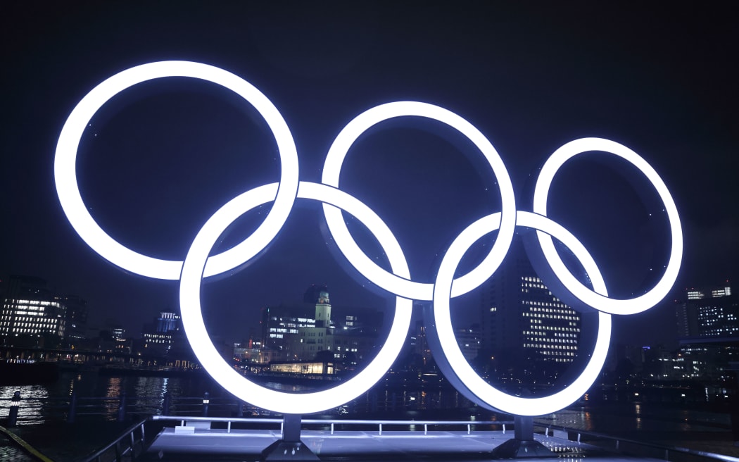 The Olympic rings are lit up
