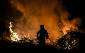 A firefighter tackles a forest fire around the village of Eiriz in Baiao, north of Portugal, on July 15, 2022. (Photo by Patricia De Melo MOREIRA / AFP)