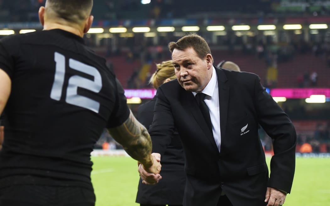 Steve Hansen shakes hands with Sonny Bill Williams after the New Zealand win over Georgia at Rugby World Cup 2015. Millennium Stadium in Cardiff, Wales, UK. Friday 2 October 2015. Copyright Photo: Andrew Cornaga / www.Photosport.nz