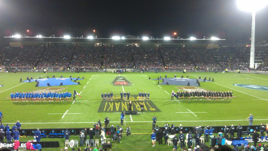All Blacks and France sing national anthems at Taranaki's Yarrow Stadium