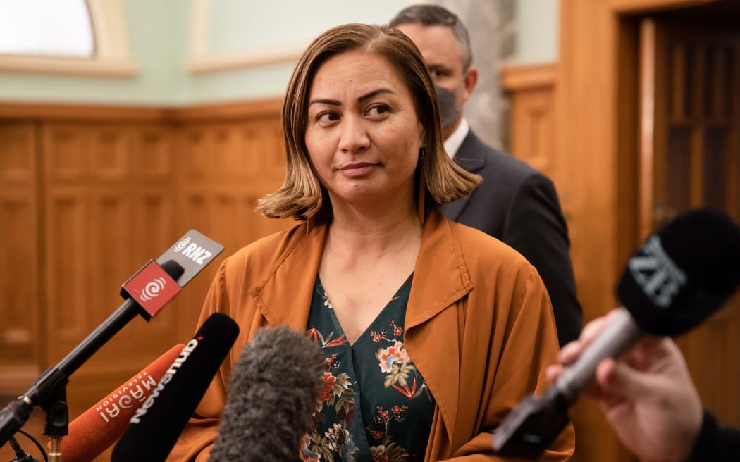 Marama Davidson speaking to media at Parliament