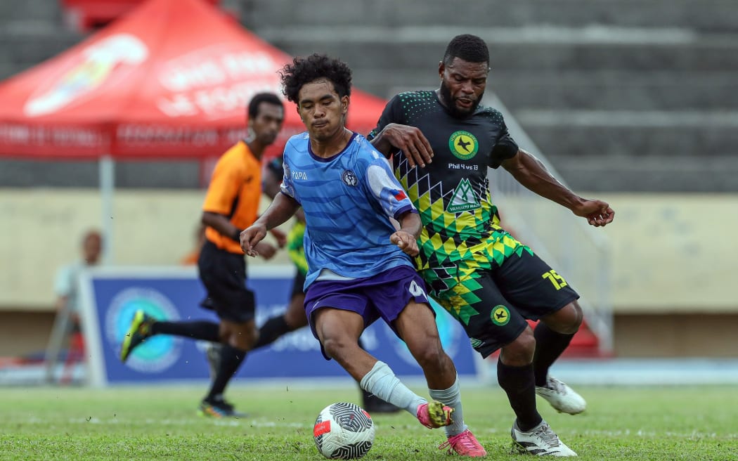 Vaivase-tai FC's Alton Leiataua Ifira Black Bird's Somari Supasongi. OFC Men's Champions League 2024, Vaivase-Tai FC v Ifira Black Bird, Stade Pater, Tahiti, Saturday 18 May 2024. Photo: Shane Wenzlick / www.phototek.nz