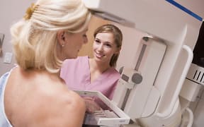 Nurse assisting patient undergoing mammogram