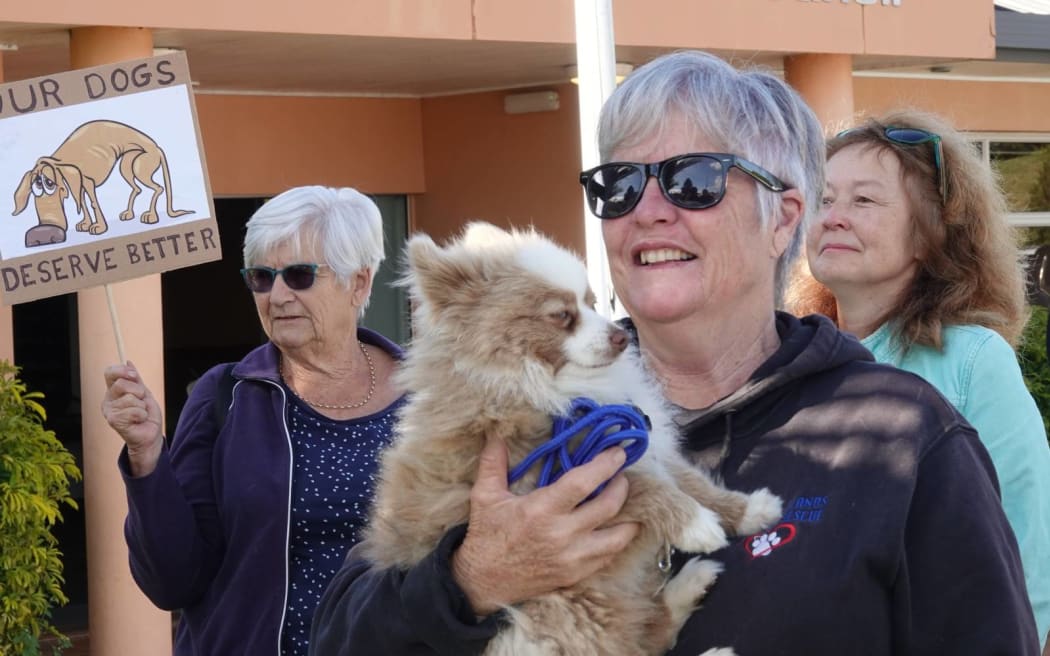 A rescued pomeranian was among the dogs taking part in the protest.