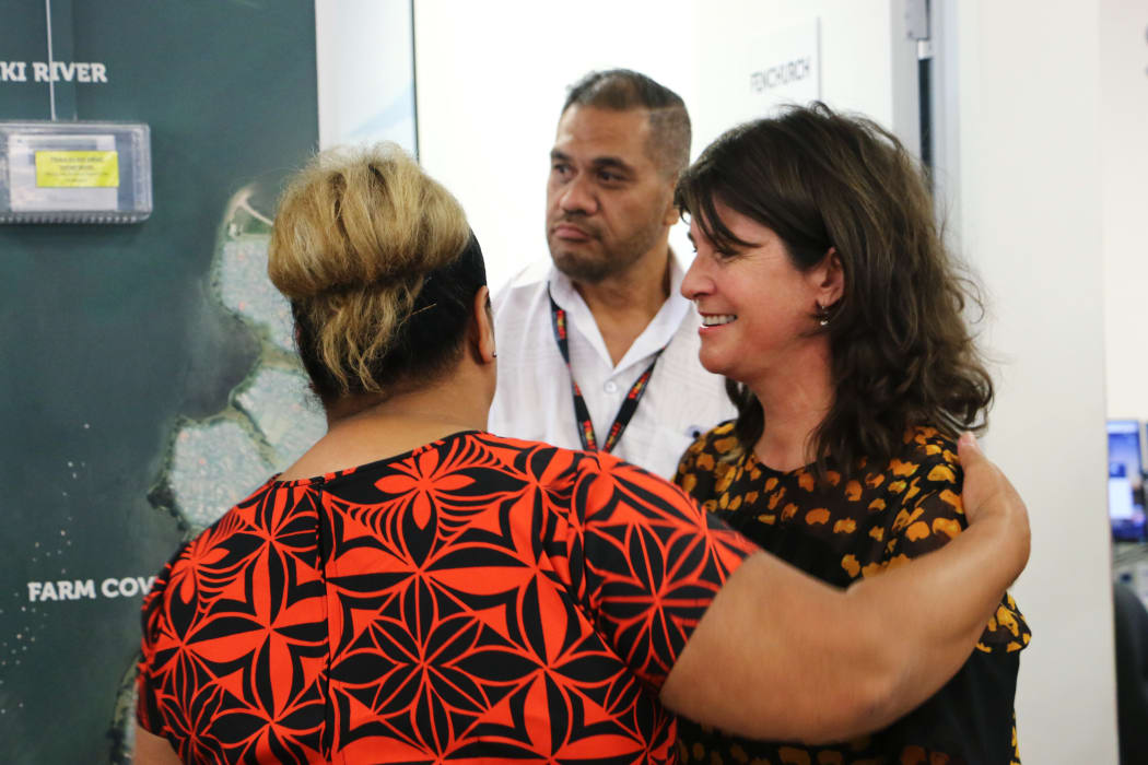 Electorate MP for Maungakiekie Denise Lee with staff members in the Panmure office of the Tāmaki Regeneration Company. The Company, jointly owned by the Government and Auckland Council, is undertaking an urban transformation project in areas of the Maungakiekie electorate