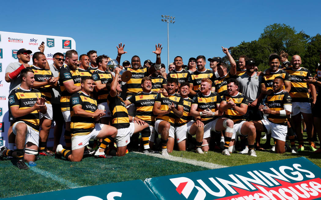 Taranaki celebrate victory after beating Otago in the championship final at TET Stadium and Events Centre, Inglewood, New Zealand. Saturday 20 November 2021.
