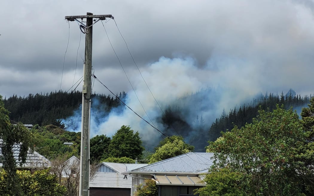 A helicopter is supporting firefighters battling a bush fire in Upper Hutt on 4 December 2024.