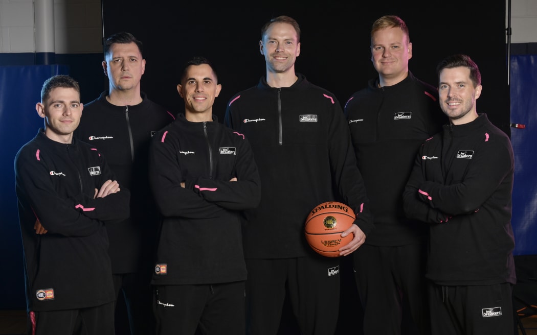 Roei Rotenberg, Mario Dugandzic, Daniel Sokolovsky, Petteri Koponen, Laimonas Eglinskas and Shane Connolly. New Zealand Breakers coaching and support staff.