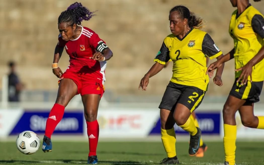 Papua New Guinea captain Meagen Gunemba shoots on goal against Vanuatu at the OFC Women's Nations Cup 2022.