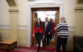 Labour leader Jacinda Ardern (left) with her deputy Kelvin Davis (centre).