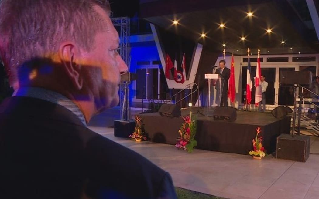 French High Commissioner Eric Spitz watches China’s envoy to French Polynesia, Lixiao Tian, deliver his speech for  French-China’s 60th anniversary of diplomatic relations.