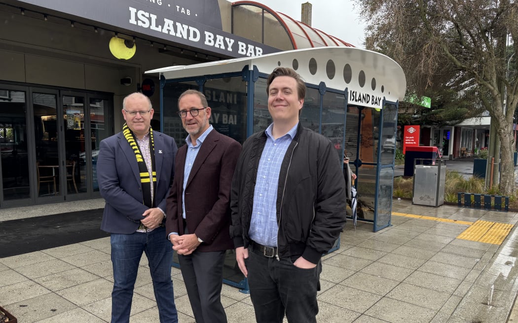 Daran Ponter, Andrew Little and Tom James announce their public transport plan in Island Bay.