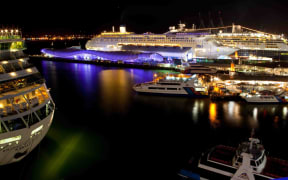 Auckland Wharf at night.