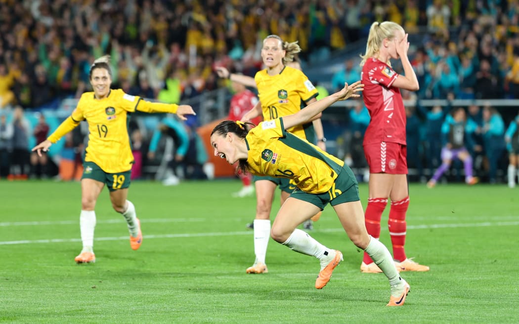 Australia's Hayley Raso celebrates scoring during the round of 16 match between Australia and Denmark at the 2023 FIFA Women's World Cup